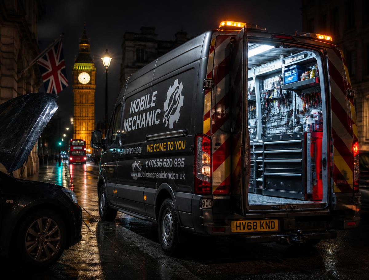 Rolling Mechanics service van with beacon lights on a London street at night